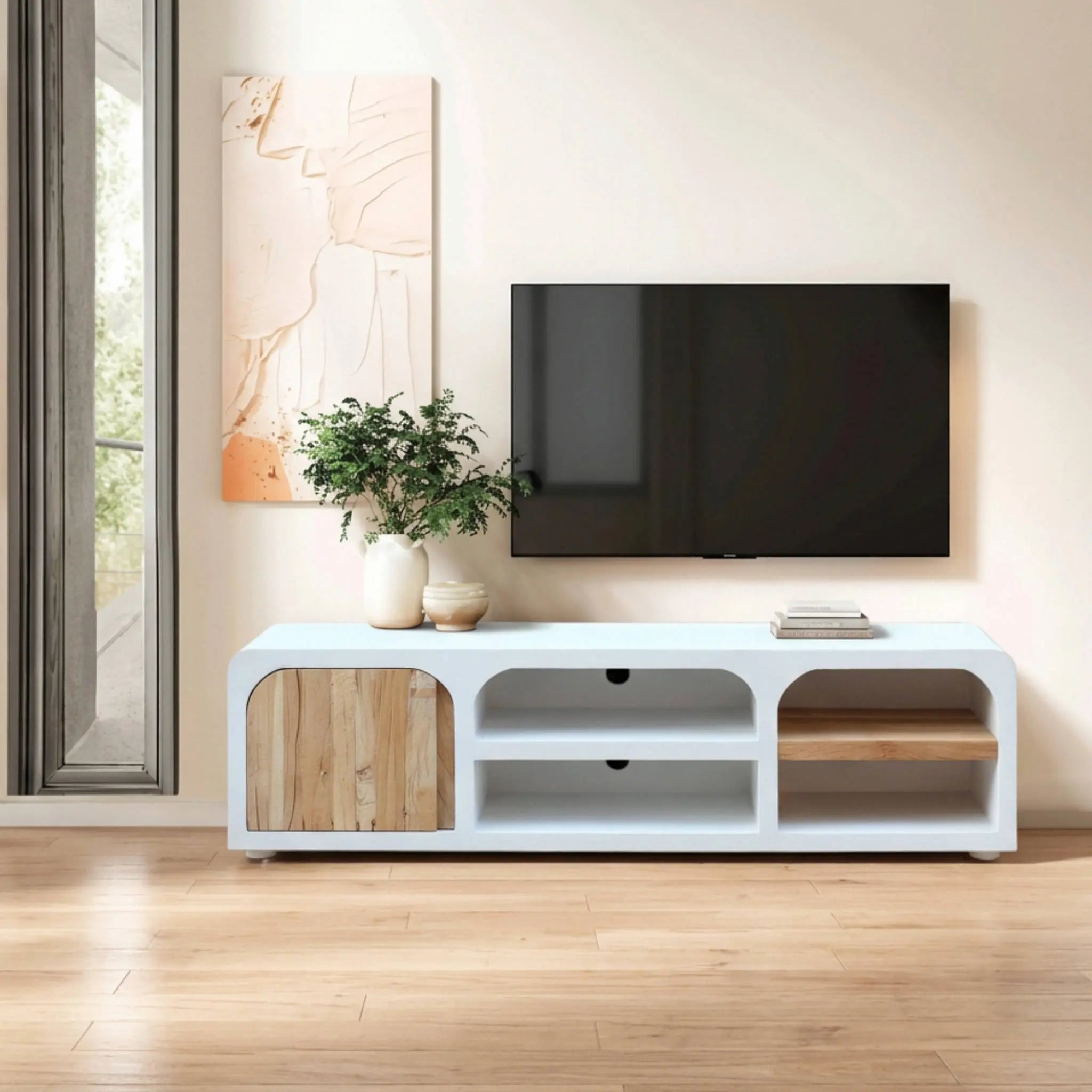 Mueble de TV de Diseño Mediterráneo Eivissa | Blanco y Madera Natural | KUBU #