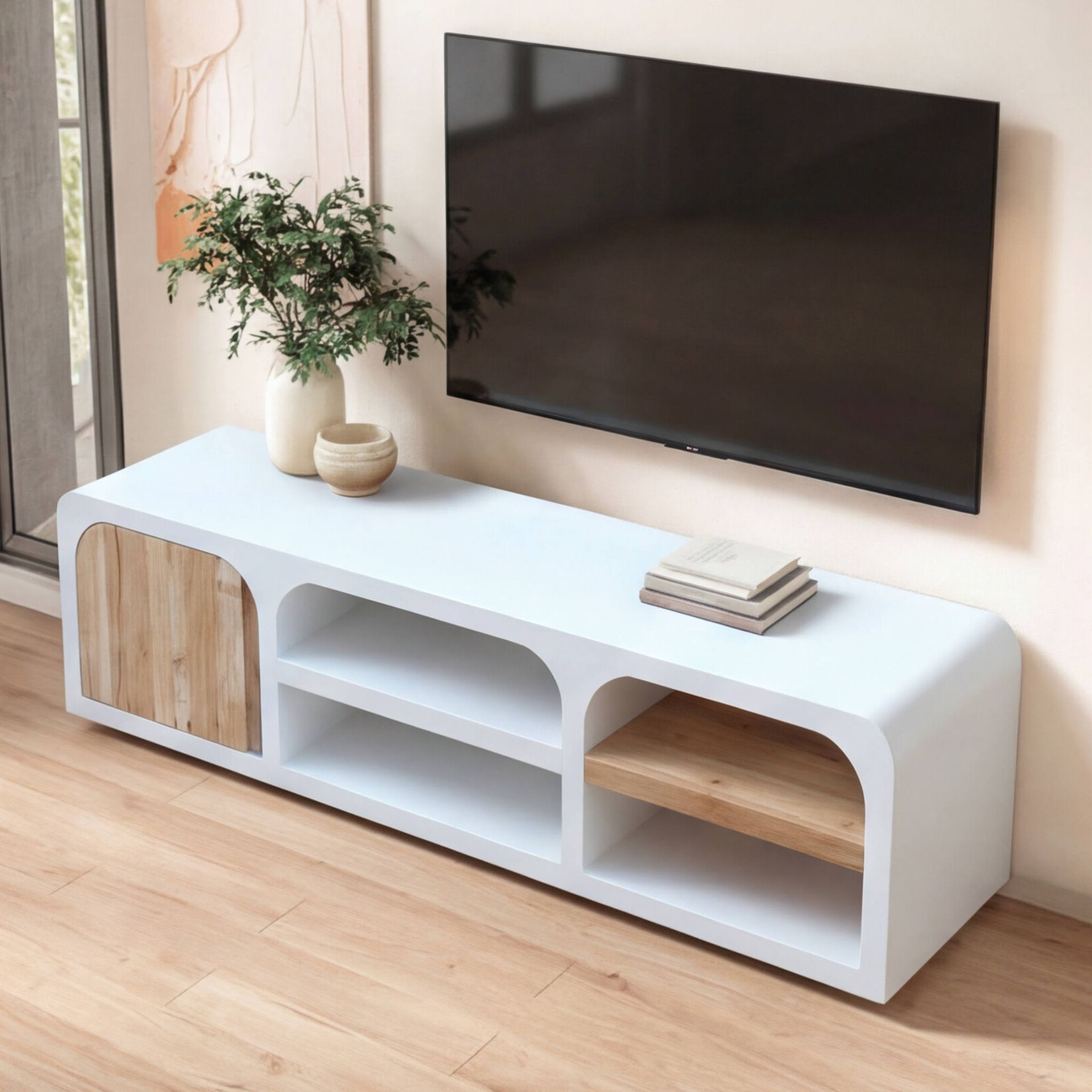 Mueble de TV de Diseño Mediterráneo Eivissa | Blanco y Madera Natural | KUBU #