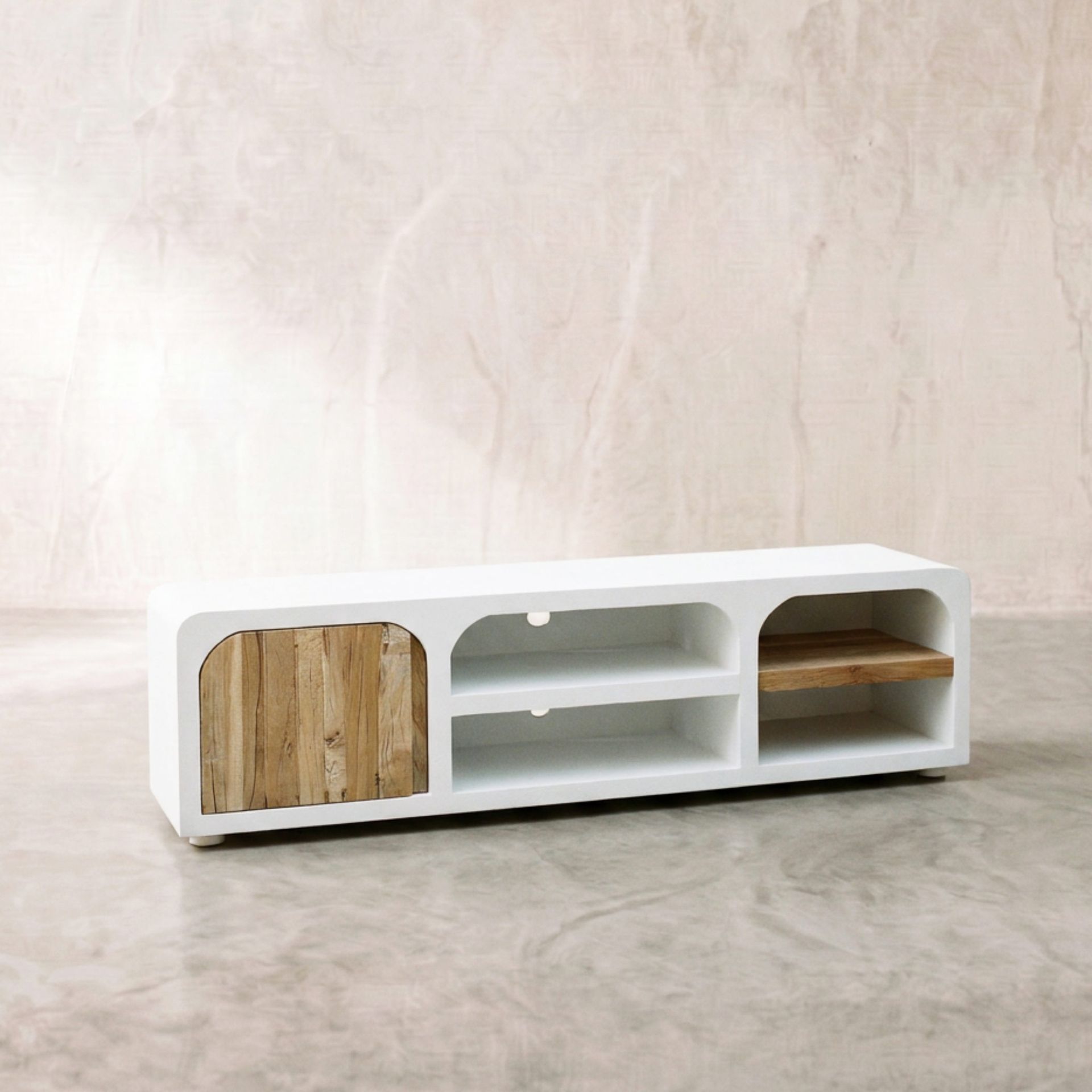 Mueble de TV de Diseño Mediterráneo Eivissa | Blanco y Madera Natural | KUBU #