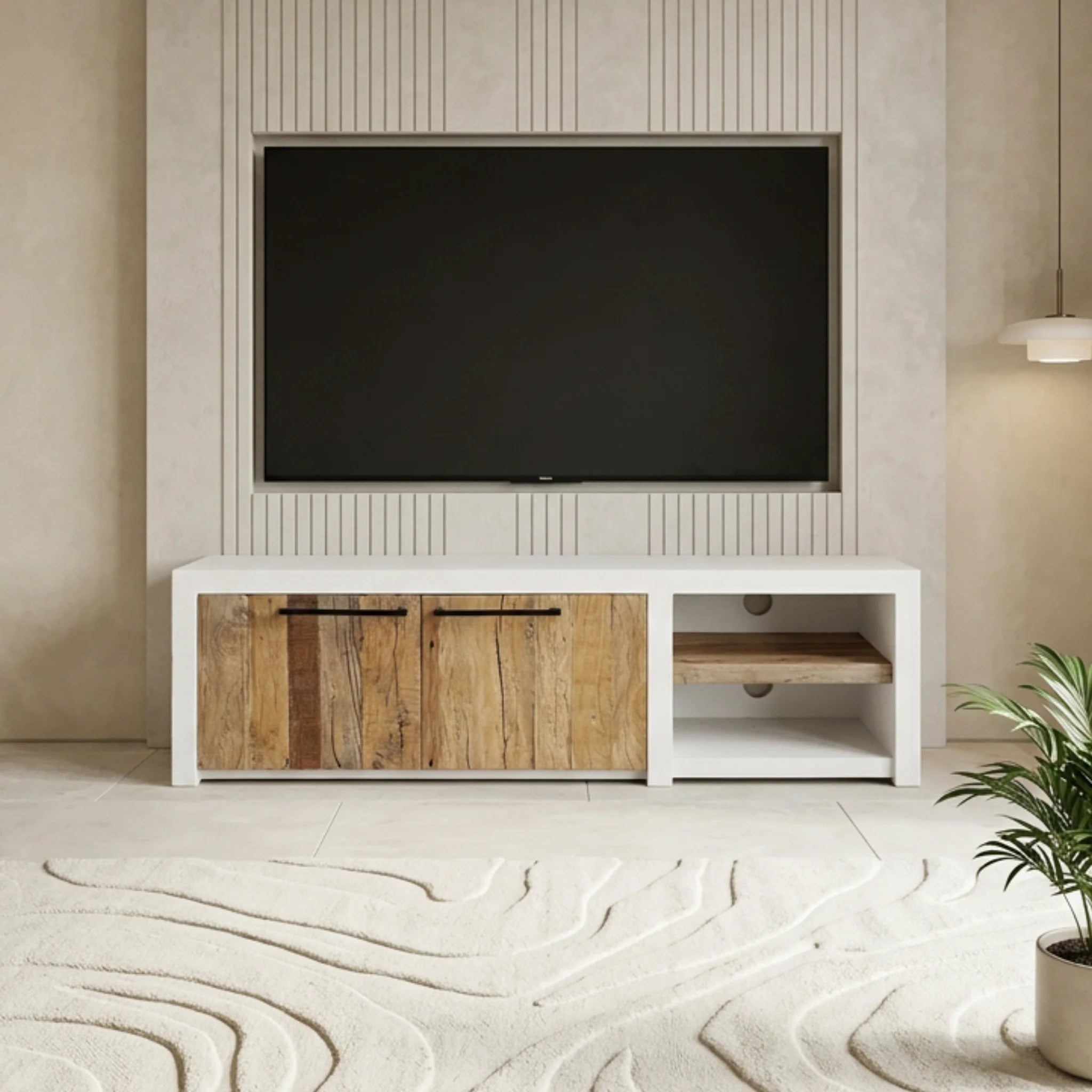 Mueble de TV de Diseño Mediterráneo Mahón 150x37x45cm | Blanco y Madera reciclada de Acacia | KUBU #
