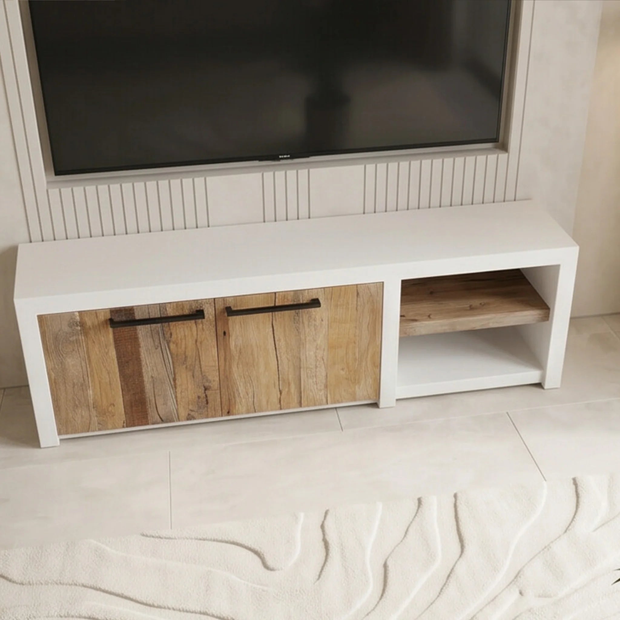 Mueble de TV de Diseño Mediterráneo Mahón 150x37x45cm | Blanco y Madera reciclada de Acacia | KUBU #