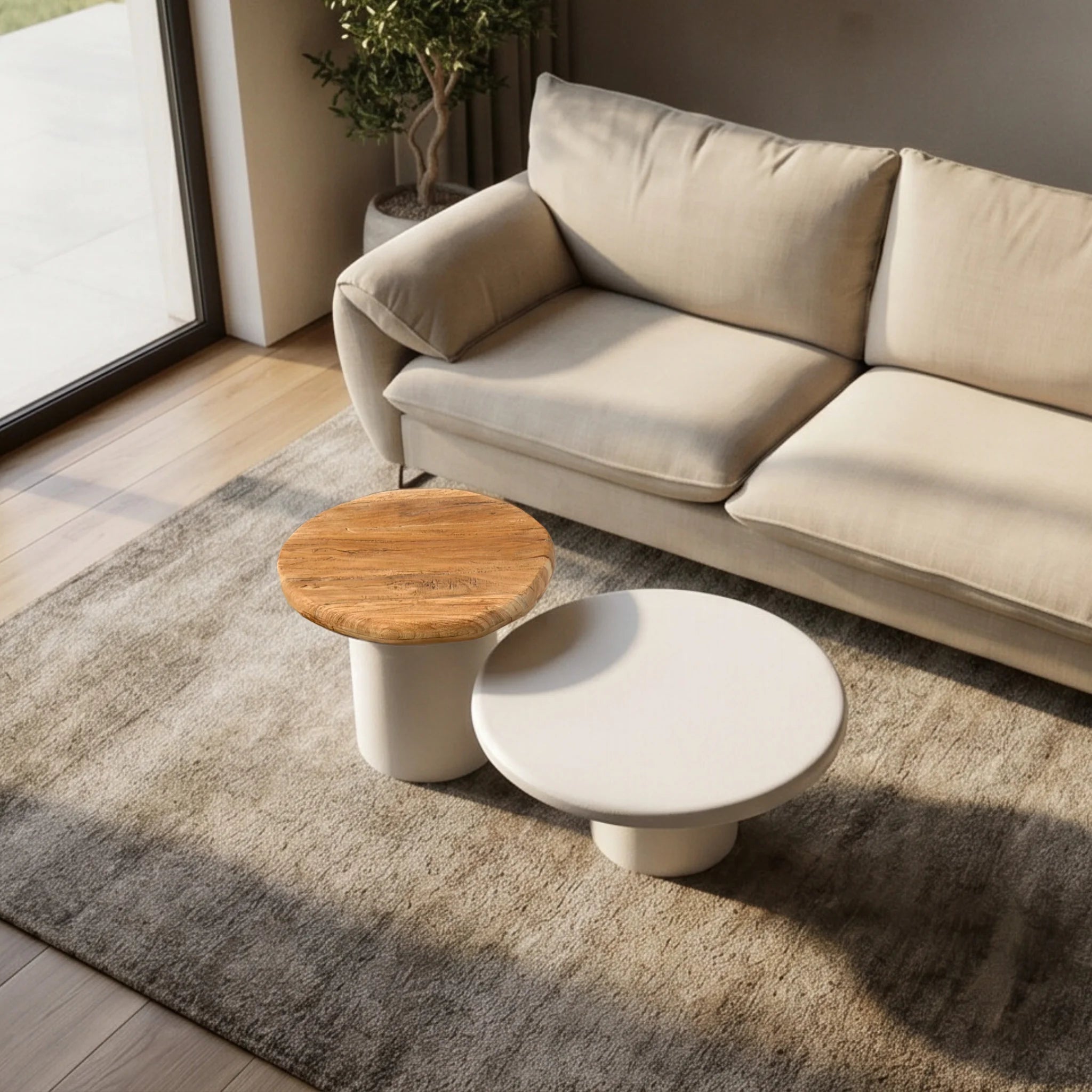 Set de 2 Mesas Auxiliares Nova | Blanco Mate y Acacia | KUBU #