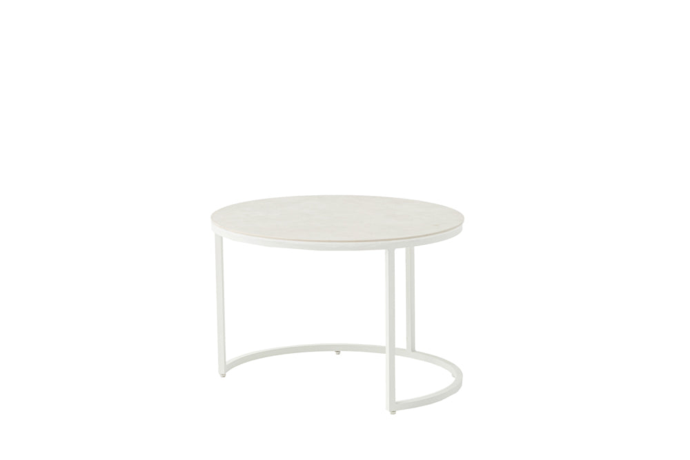 Set mesas auxiliares Albury aluminio blanco y top cristal cerámico greige | Kubu #