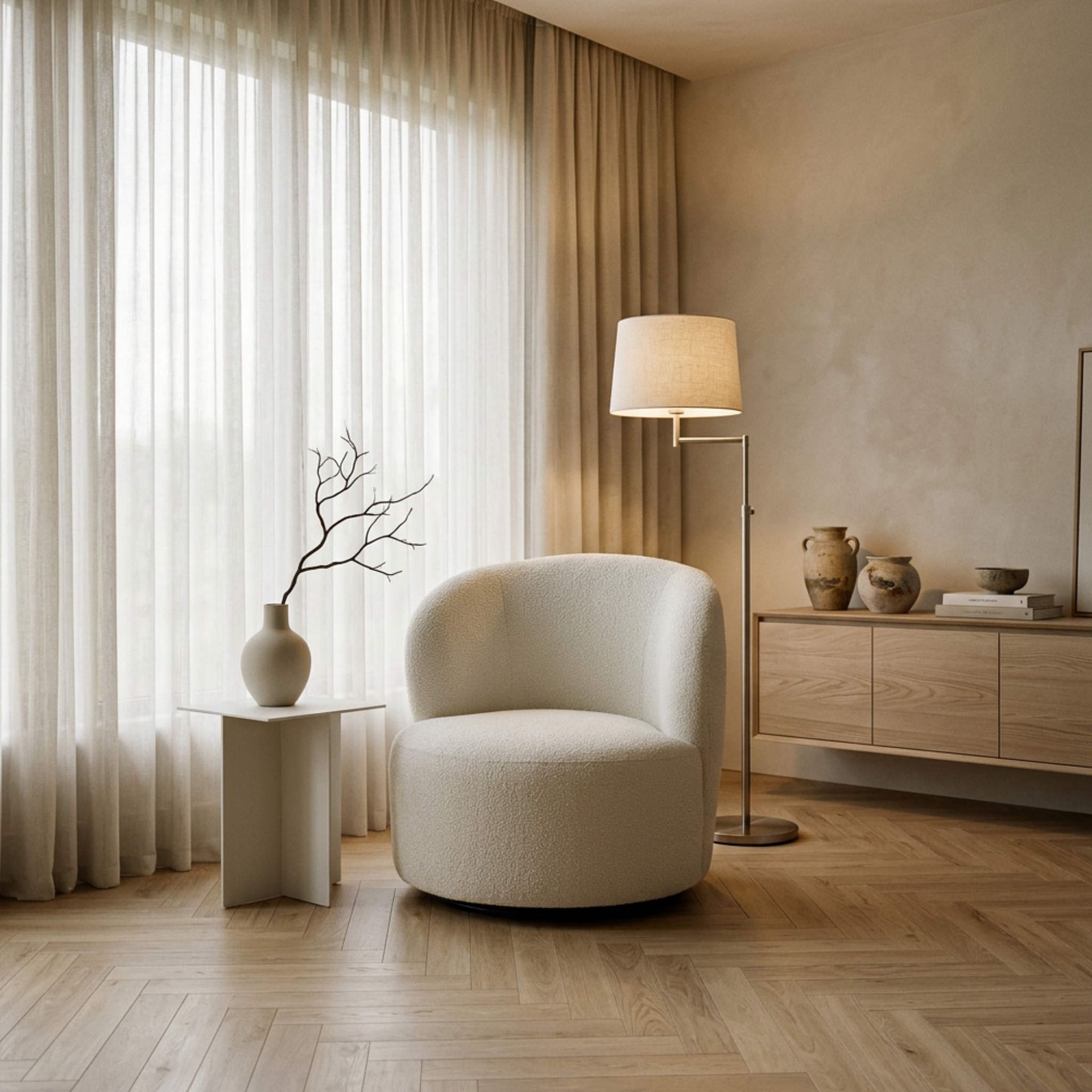 Sillón giratorio Wilson tapizado en tejido blanco | Kubu #