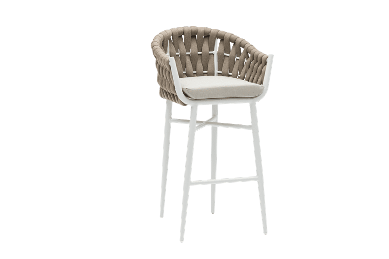 Sillón para barra de bar Meridian aluminio blanco cuerda greige y textil greige | Kubu #