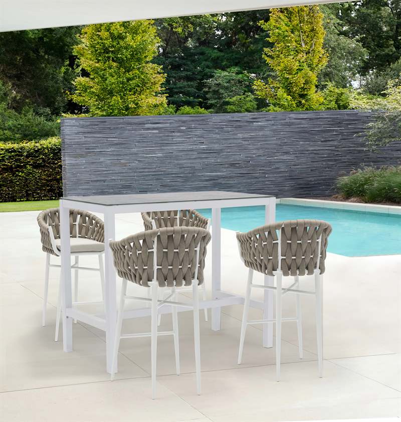 Sillón para barra de bar Meridian aluminio blanco cuerda greige y textil greige | Kubu #