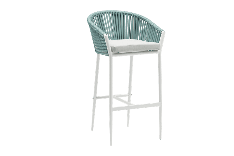 Sillón para barra de bar Ukiah aluminio blanco con cuerda aqua y cojín gris claro | Kubu #