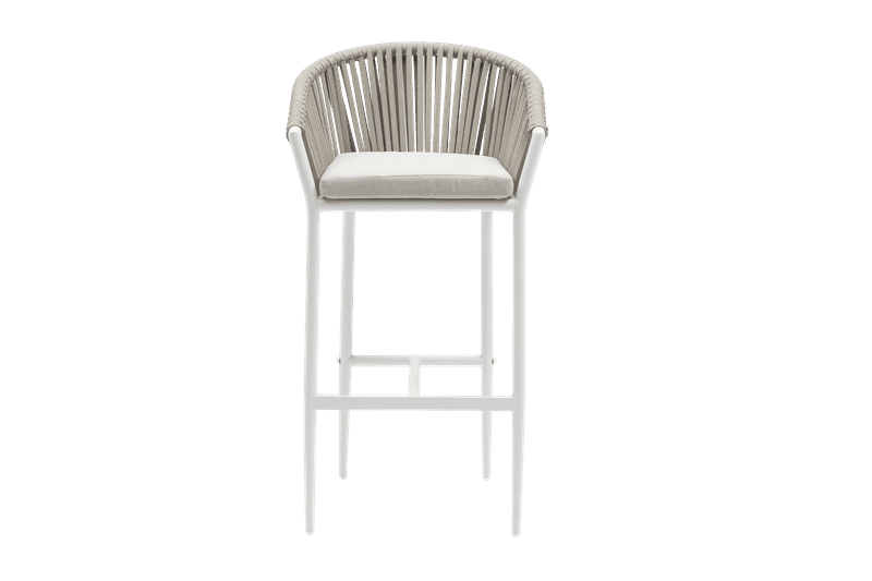 Sillón para barra de bar Ukiah aluminio blanco con cuerda y cojín greige | Kubu #