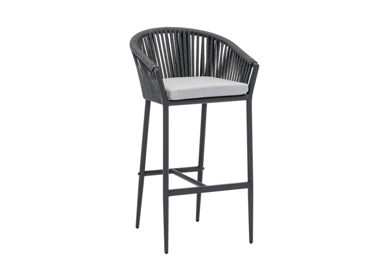 Sillón para barra de bar Ukiah aluminio y cuerda antracita con cojín gris medio. | Kubu #