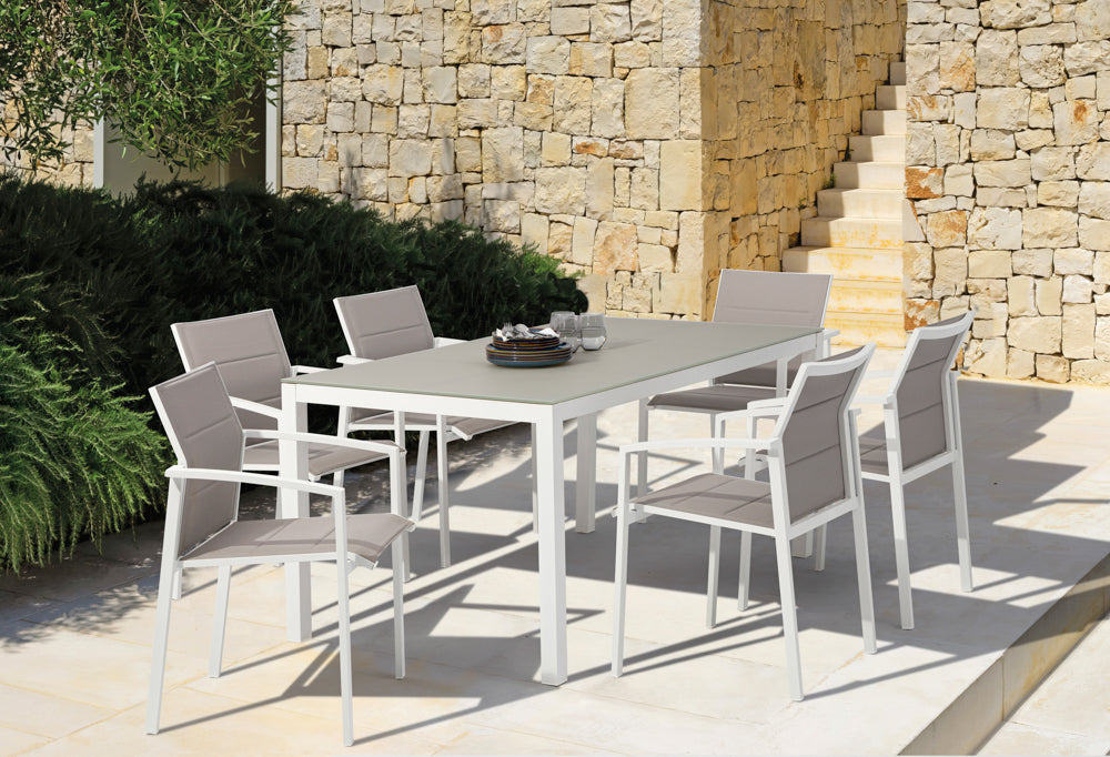 Silla de Comedor Exterior Orick | Aluminio Blanco y Textil Gris claro | Kubu #