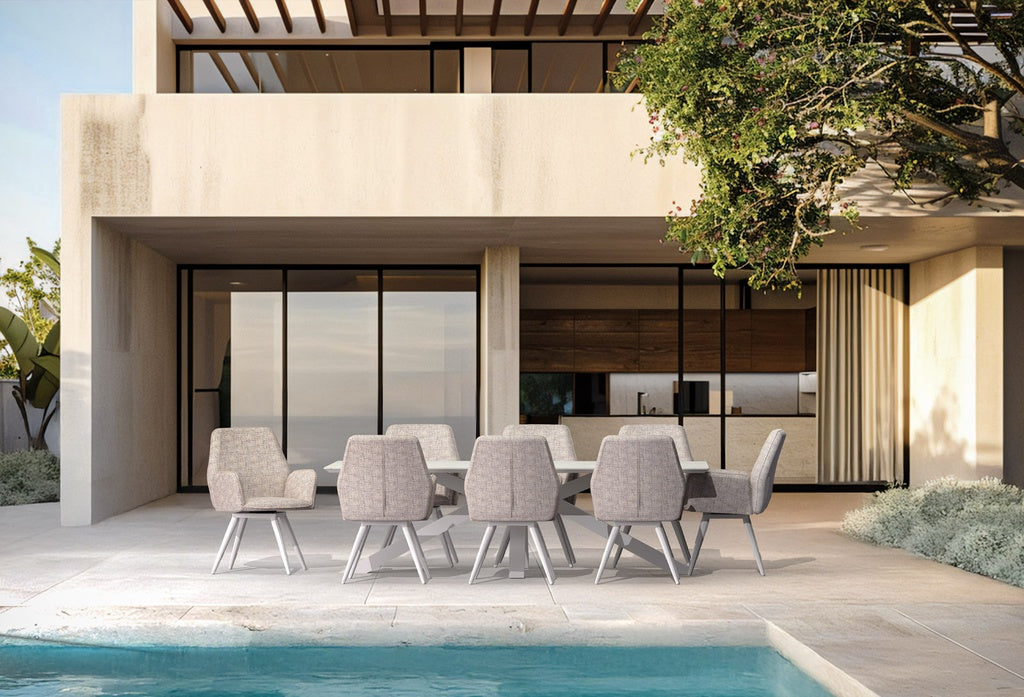 Silla de comedor giratoria Levin aluminio blanco textil beige | Kubu #