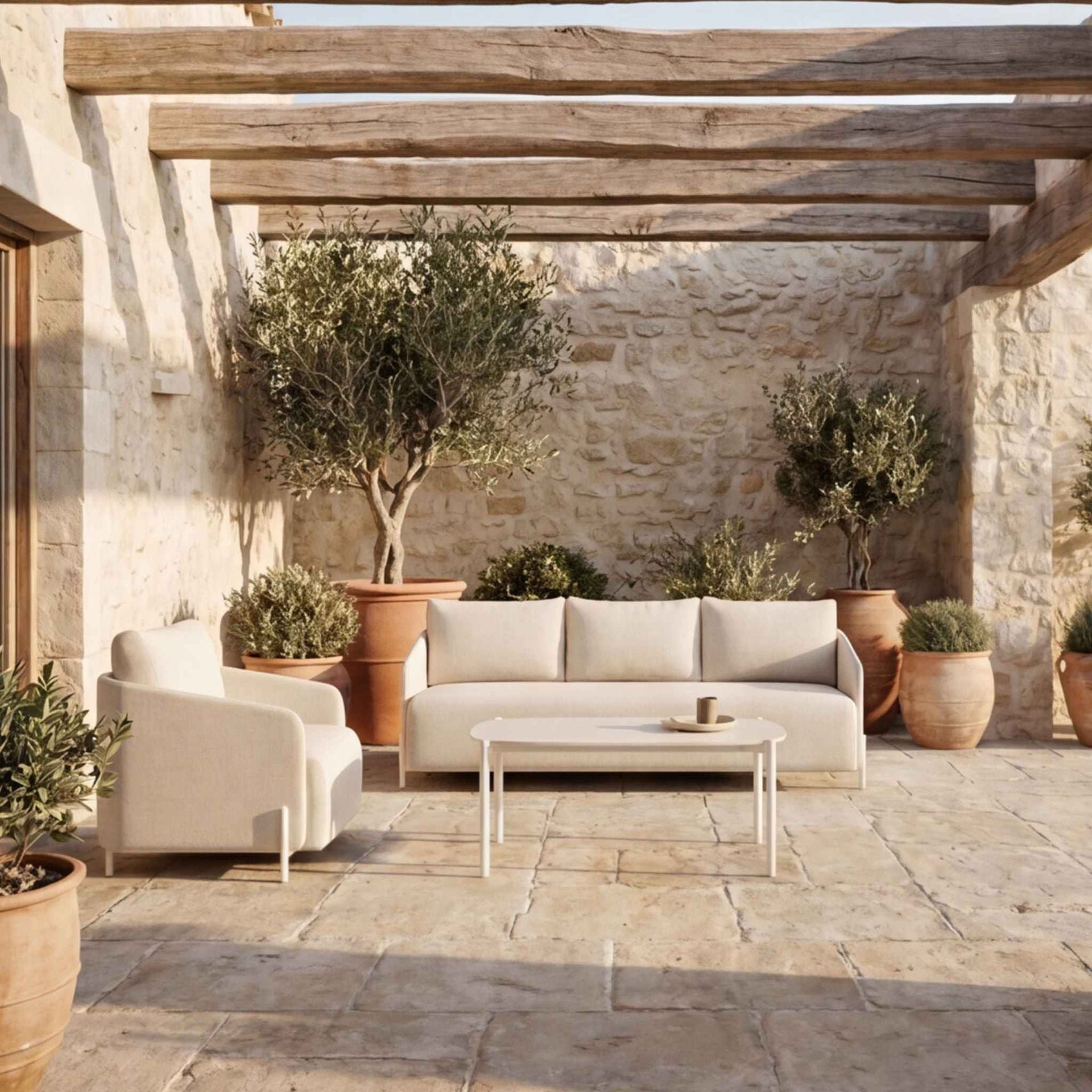Sofá 1 plaza Corfu aluminio blanco y textil beige. | Kubu #