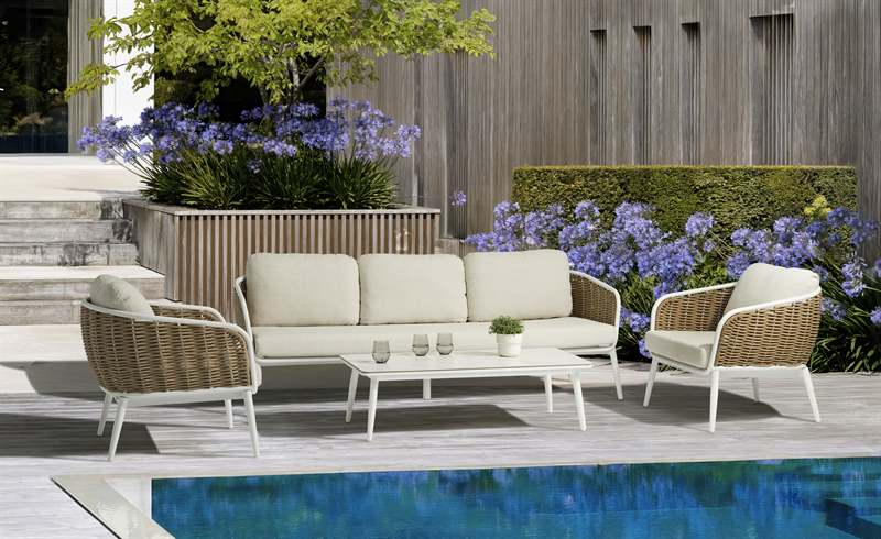 Sofá 1 plaza Irvine aluminio blanco y cuerda taupe cojín beige | Kubu #