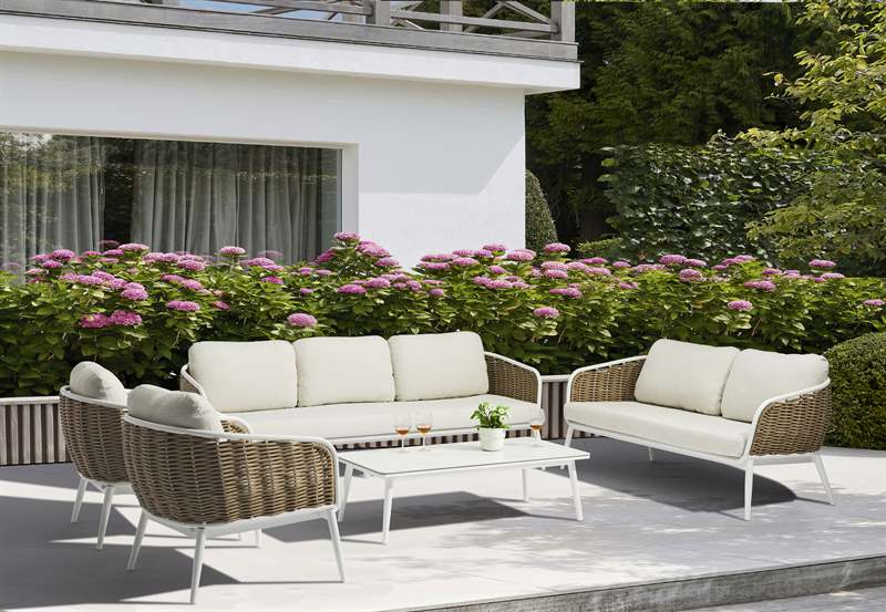 Sofá 2 plazas Irvine aluminio blanco cuerda taupe cojín beige | Kubu #
