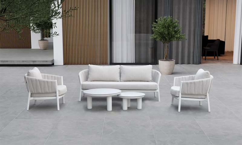 Sofá 3 plaza Attica aluminio blanco y textil gris claro | Kubu #