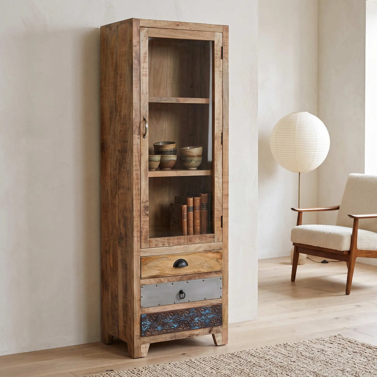 Vitrina Korba 2 Puertas - 3 cajones 60x40x180cm | Madera de Mango | KUBU #