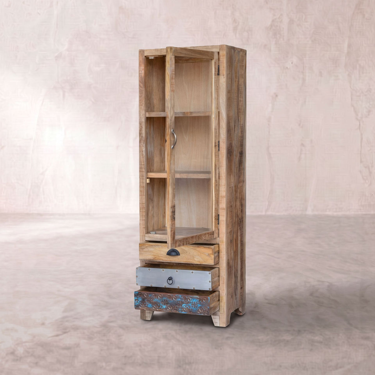 Vitrina Korba 2 Puertas - 3 cajones 60x40x180cm | Madera de Mango | KUBU #