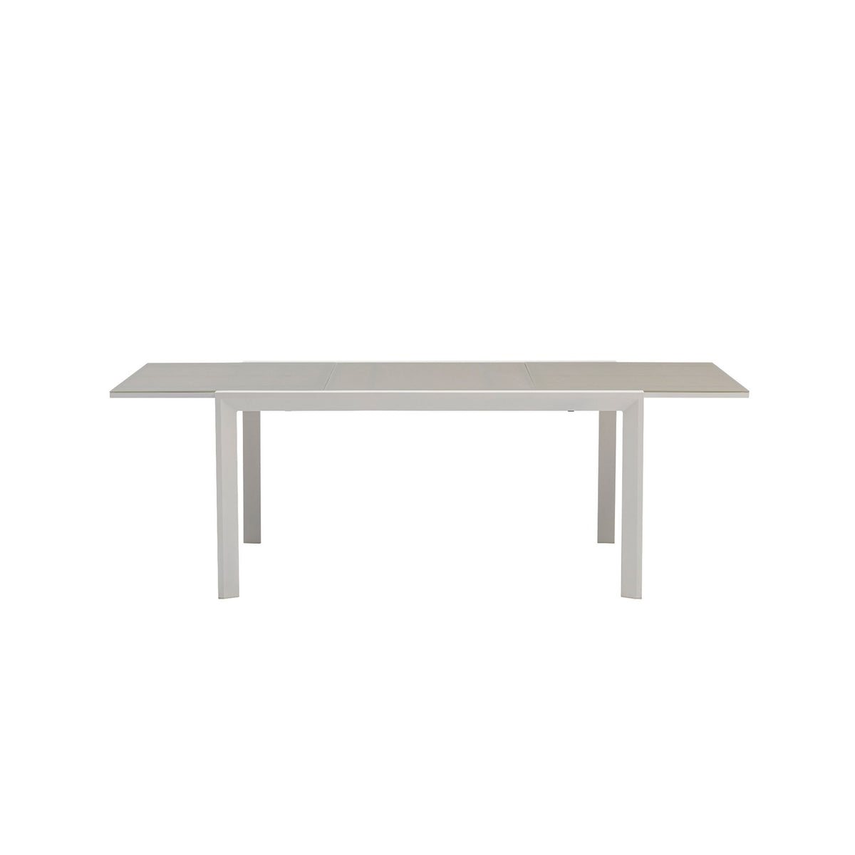 Mesa extensible ORICK 100 x 150/225 cm aluminio blanco y cristal gris claro