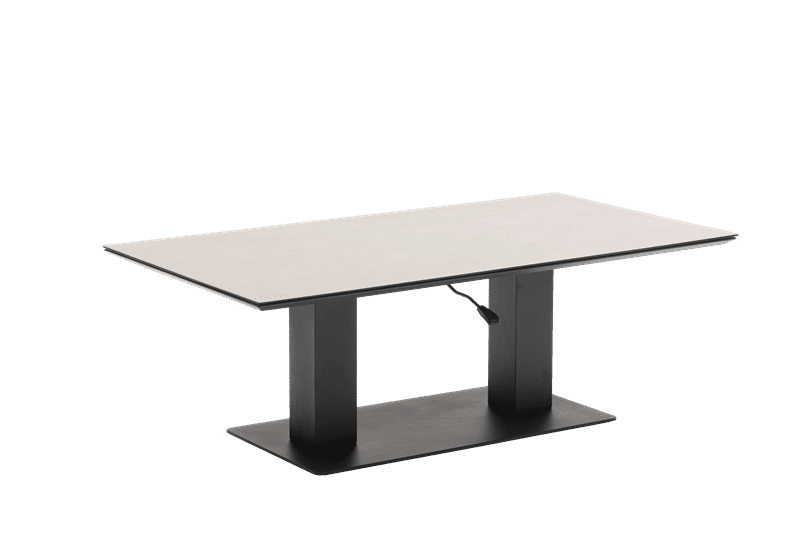 Mesa elevable Isabela 140x75x50/74  aluminio antracita con cristal cerámico gris claro. | Kubu #