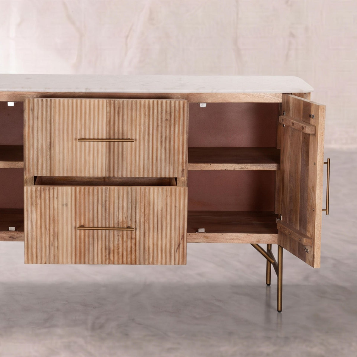 Aparador Bristol 2 Puertas / 2 cajones 150x47x84cm | Madera de Mango y Mármol Blanco | KUBU #