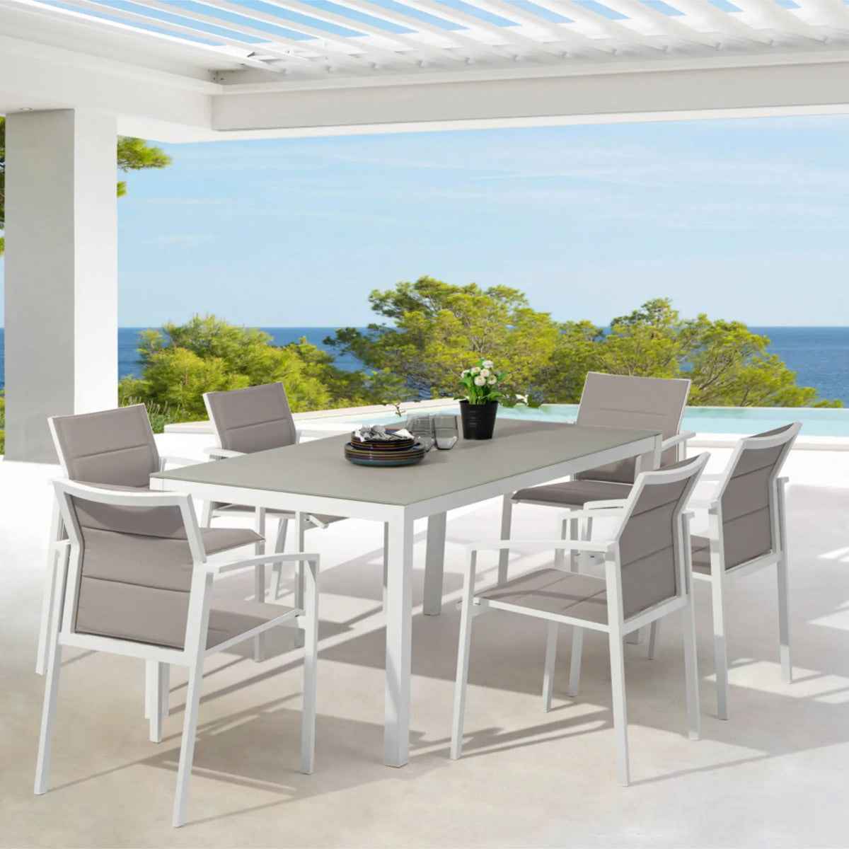 Mesa extensible ORICK 100 x 150/225 cm aluminio blanco y cristal gris claro