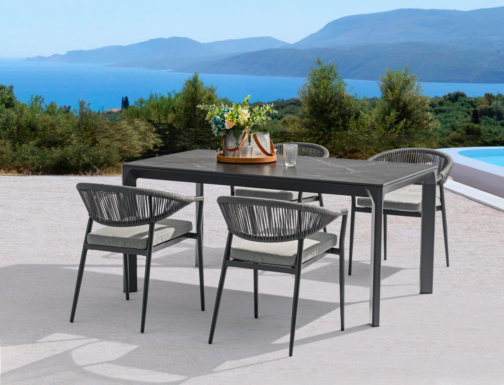 Mesa de comedor Boori 200x90 cm aluminio antracita top mesa porcelánico negro
